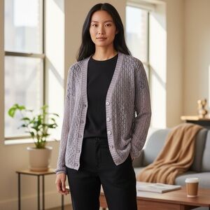 Vintage XXist Light Gray Button-Up Knit Textured Cardigan M Medium